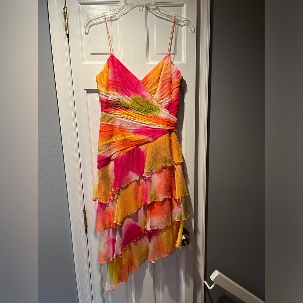 Women’s THEORY by SHELLI SEGAL Silk Colorful Dress w/Asymetrical Hem Sz  4